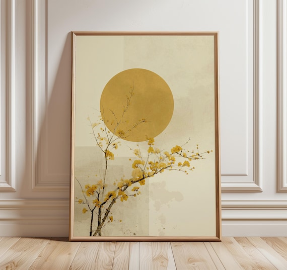 Minimalist Japanese Wall Art Yellow Sun And Blossom Poster Zen Botanical Print For Modern Home Living Room Decor