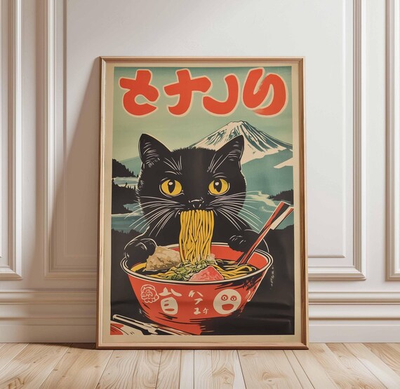 Black Cat Ramen Noodles Mount Fuji Vintage Japanese Kitchen Poster