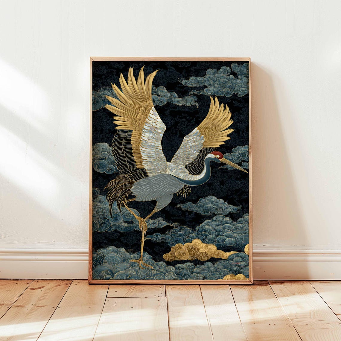 Golden Crane Soaring Among Dark Blue Clouds Japanese Art Poster