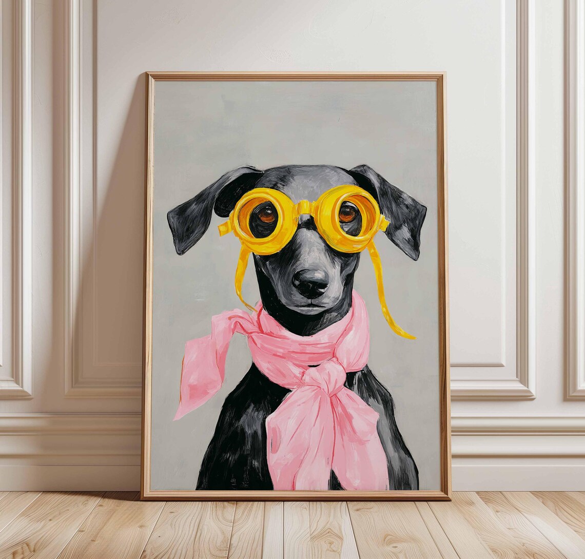 Funny Black Dog with Yellow Goggles and Pink Scarf Whimsical Poster
