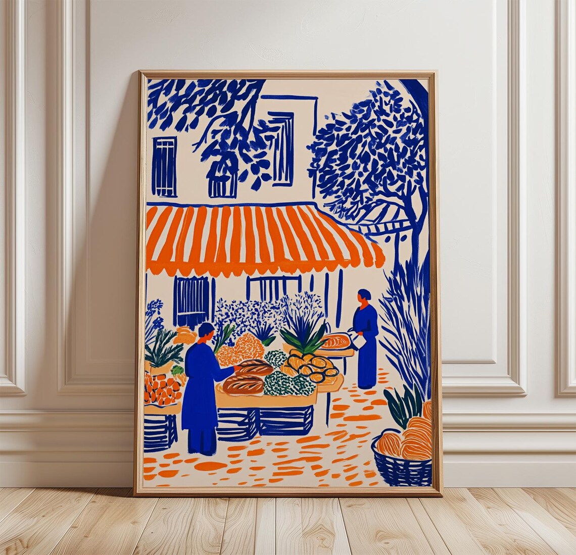 Mediterranean Market Blue Orange Folk Village Bakery Scene Poster