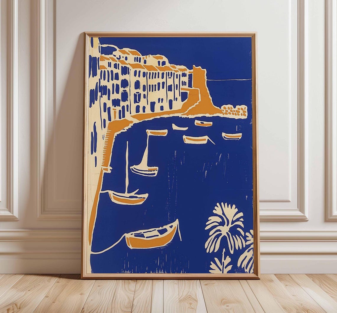 Mediterranean Harbor Blue Gold Woodcut Coastal Village Boats Poster