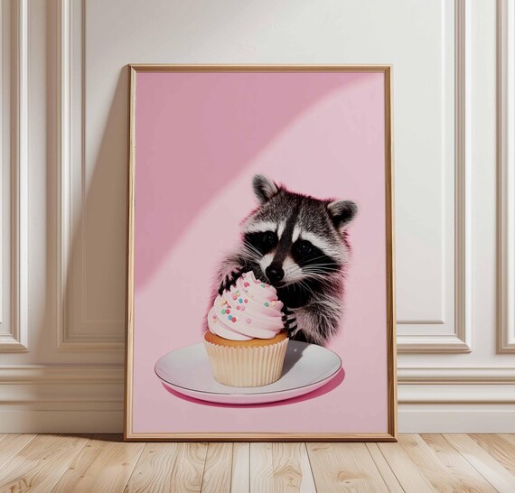 Cute Raccoon Hugging Pink Cupcake On Pink Background Funny Animal Poster