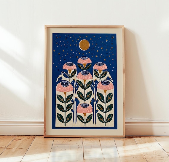 Celestial Mushroom, Folk Art Night Sky Botanical Print