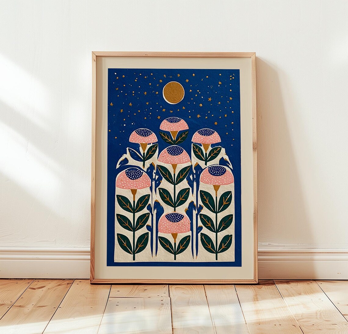 Celestial Mushroom, Folk Art Night Sky Botanical Print