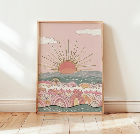 Pink Sunrise Over Rainbow Ocean Waves Boho Coastal Beach Wall Art