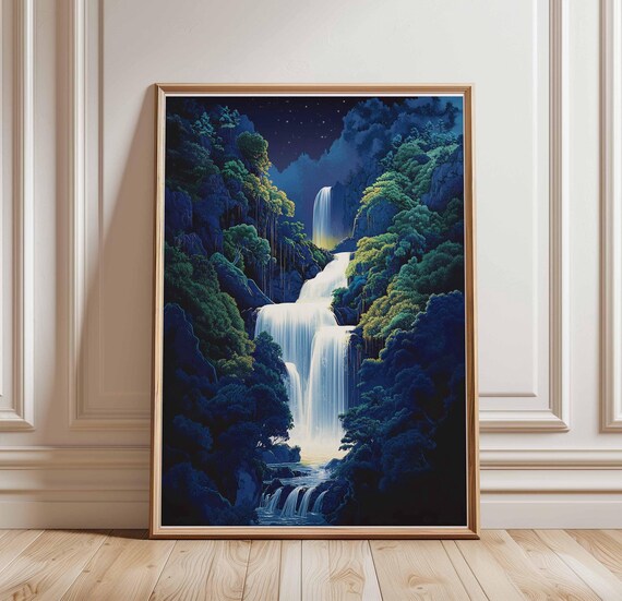 Midnight Waterfall in Luminous Forest Japanese Night Art Poster