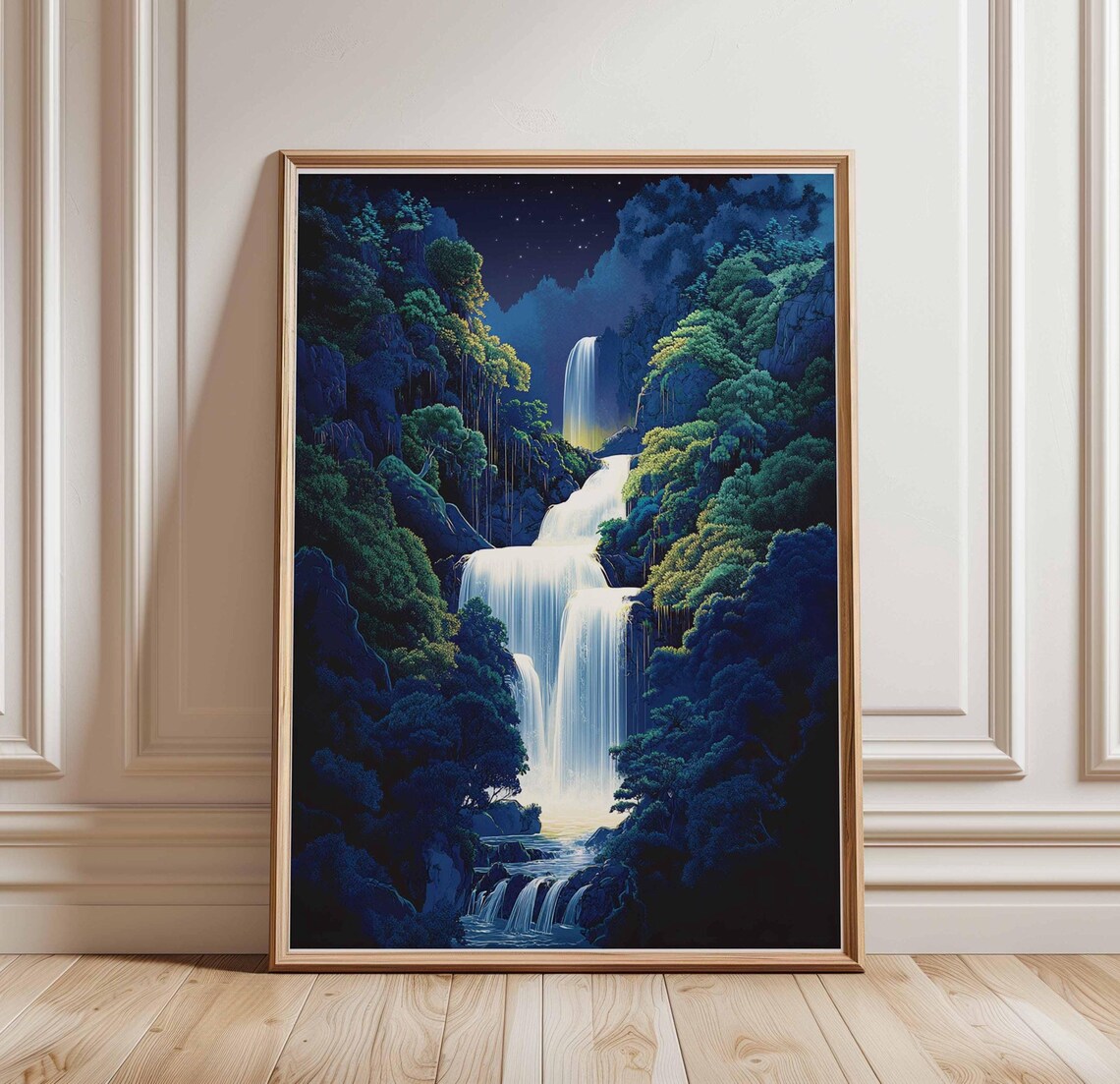 Midnight Waterfall in Luminous Forest Japanese Night Art Poster