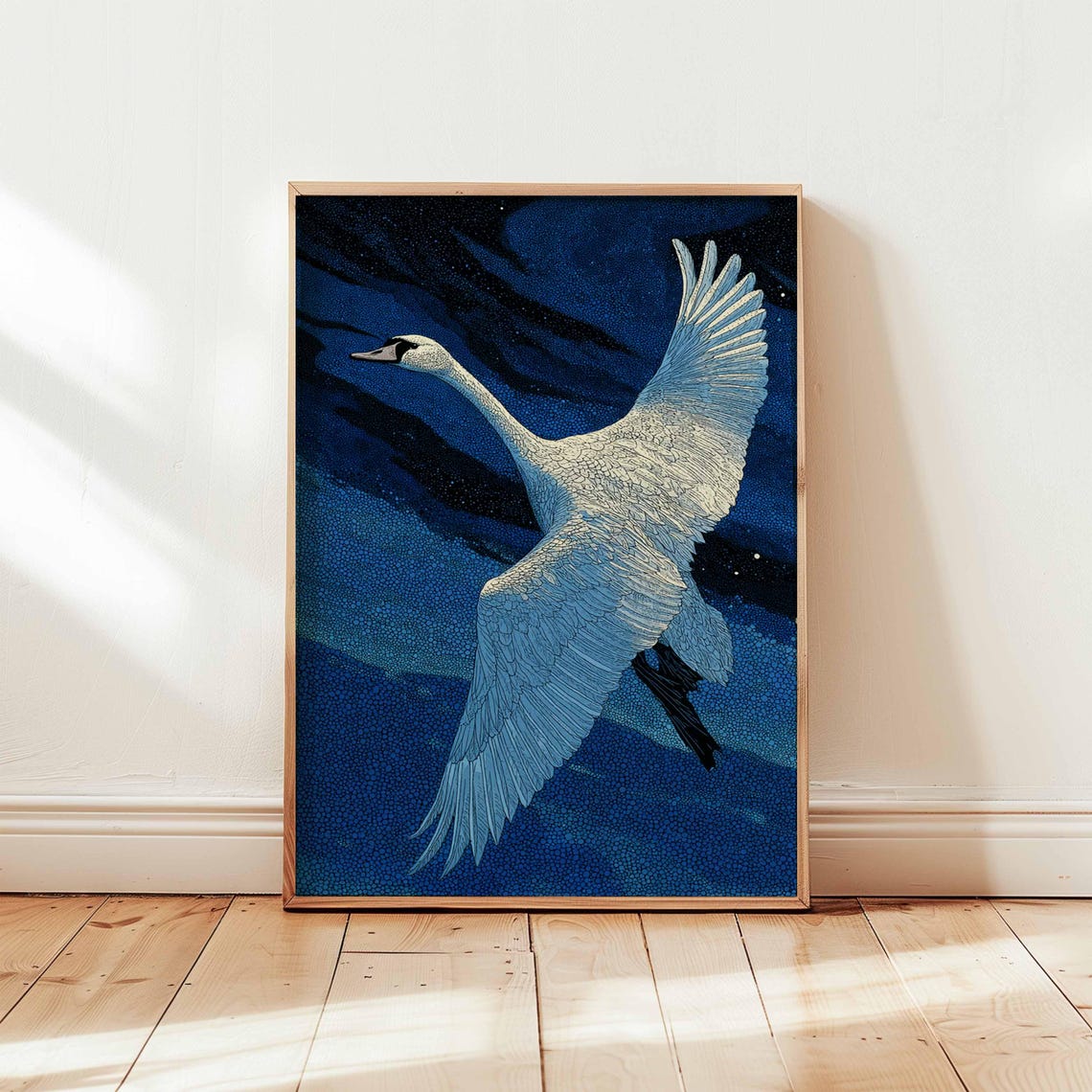Flying Swan Midnight Blue Starry Sky Serene Night Bird Poster