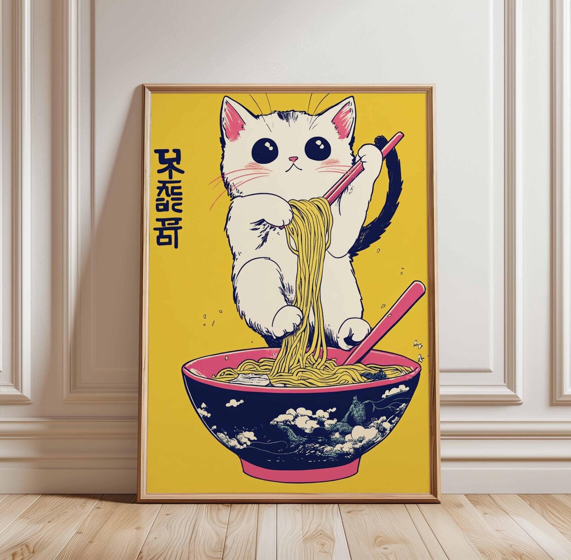 Happy White Kitten Eating Ramen with Chopsticks Bright Yellow Poster