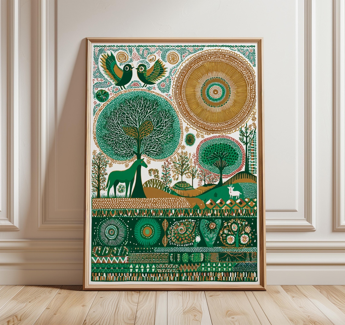 Folk Art Forest Poster, Scandinavian Woodland Print