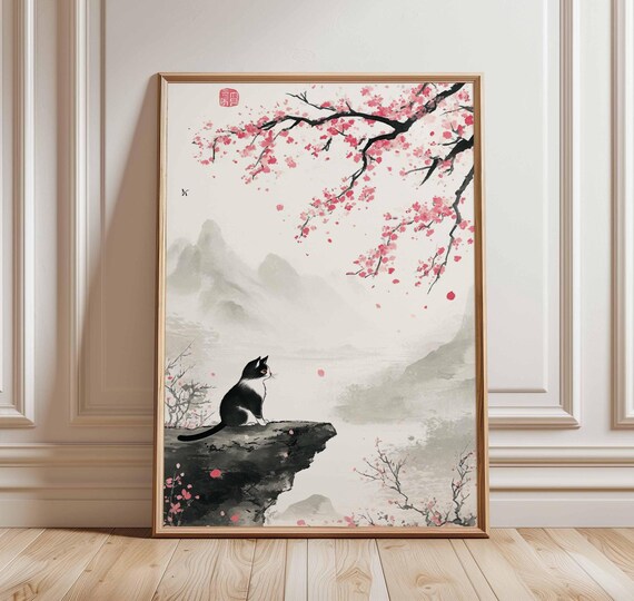Serene Black Cat Watching Cherry Blossoms Chinese Ink Poster