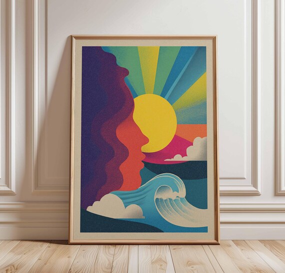 Retro 70s Sunset Ocean Wave Woman Face Silhouette Abstract Wall Art