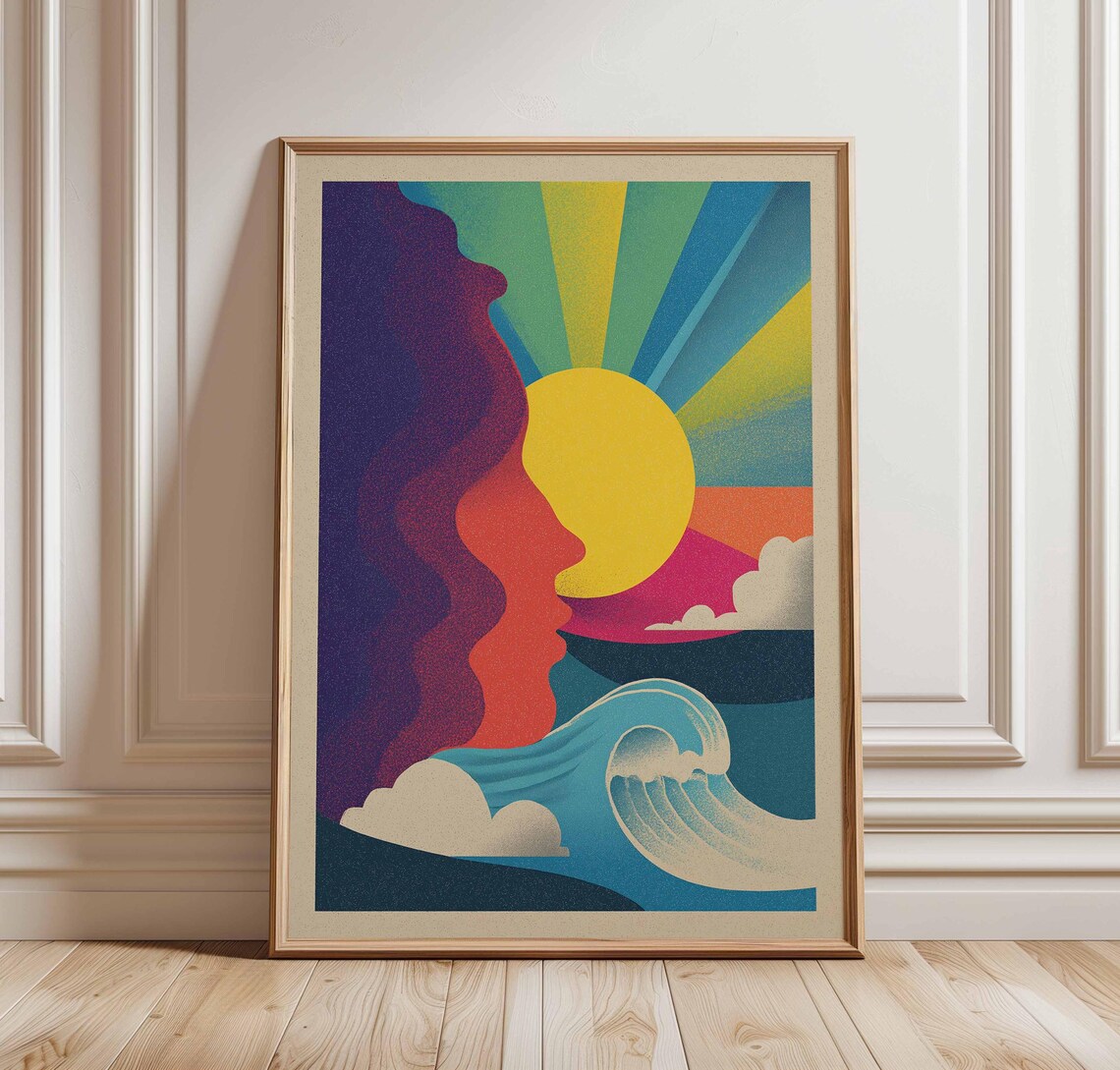 Retro 70s Sunset Ocean Wave Woman Face Silhouette Abstract Wall Art
