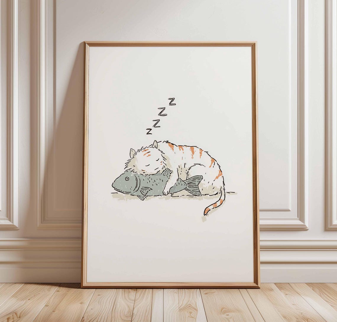 Sleeping Cat Hugging a Fish Cute Funny Animal Line Art Poster