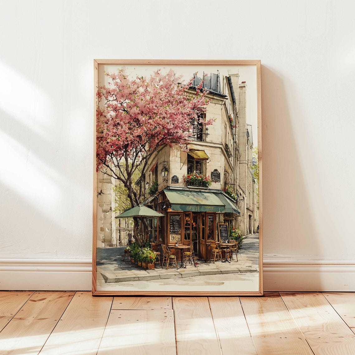 Paris Cherry Blossom Cafe Corner Spring Street Watercolor Poster