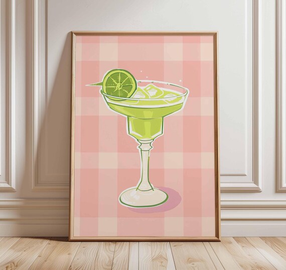 Margarita Cocktail Lime Illustration Poster Pink Gingham Check Bar Decor