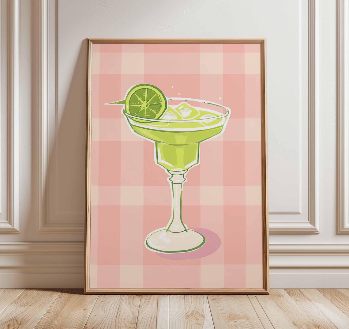 Margarita Cocktail Lime Illustration Poster Pink Gingham Check Bar Decor