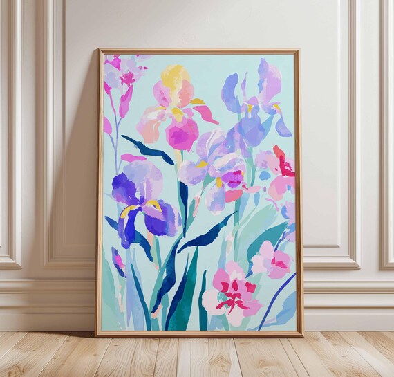 Colorful Iris Flower Wall Art Abstract Botanical Poster Bold Floral Print For Bedroom Or Living Room Bright Spring Garden Decor