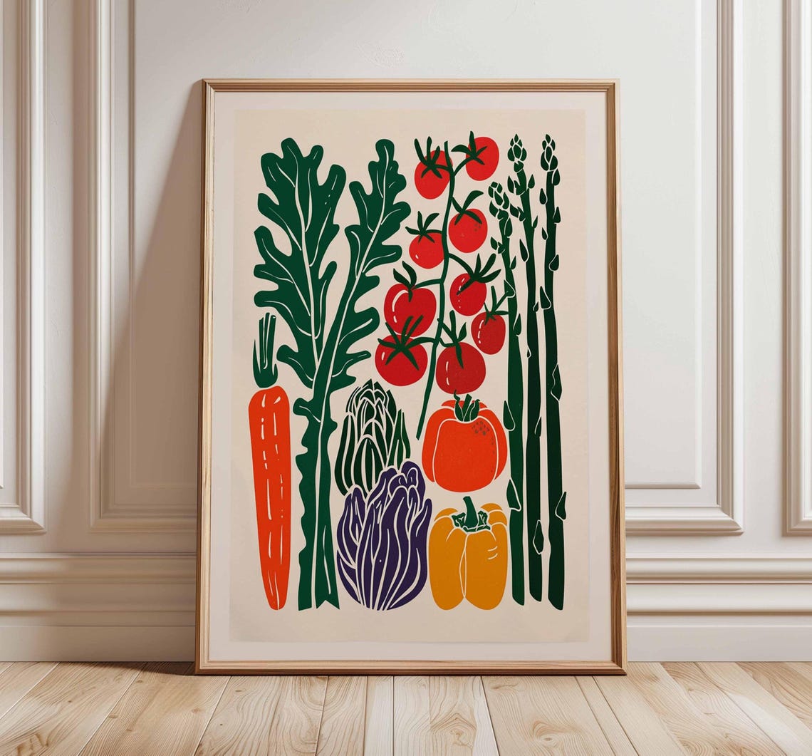Asparagus Tomato Carrot Vegetable Garden Botanical Print For Kitchen