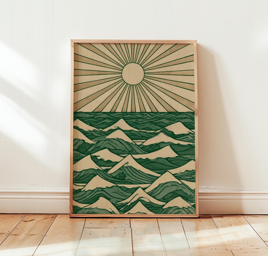 Green Rising Sun Over Mountain Waves Japanese Coastal Style Poster
