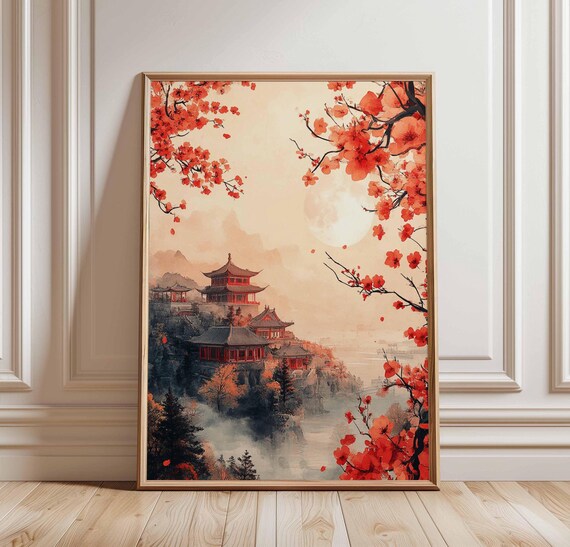 Red Pagoda Among Red Blossom Branches Moonlit East Asian Poster