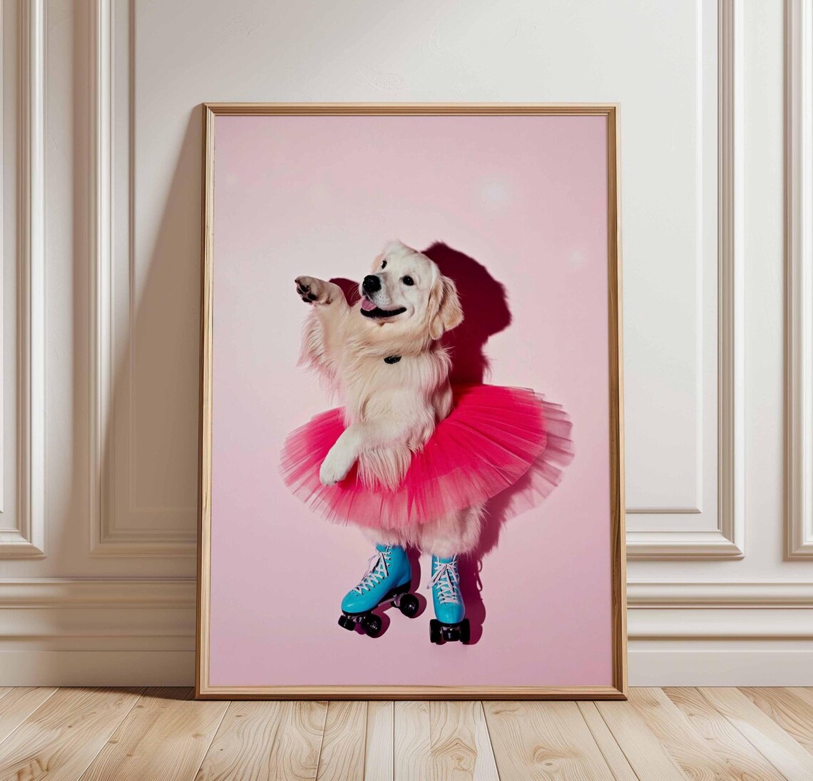 Funny Roller Skating Dog in Pink Tutu Golden Retriever Poster