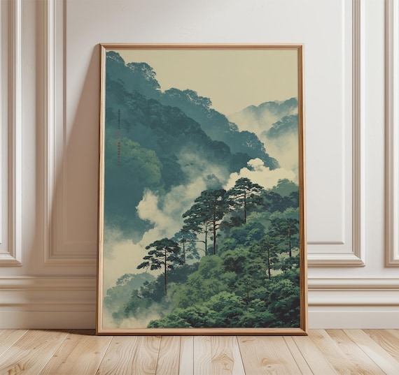 Misty Mountain Forest Poster Japanese-Inspired Serene Nature Scene
