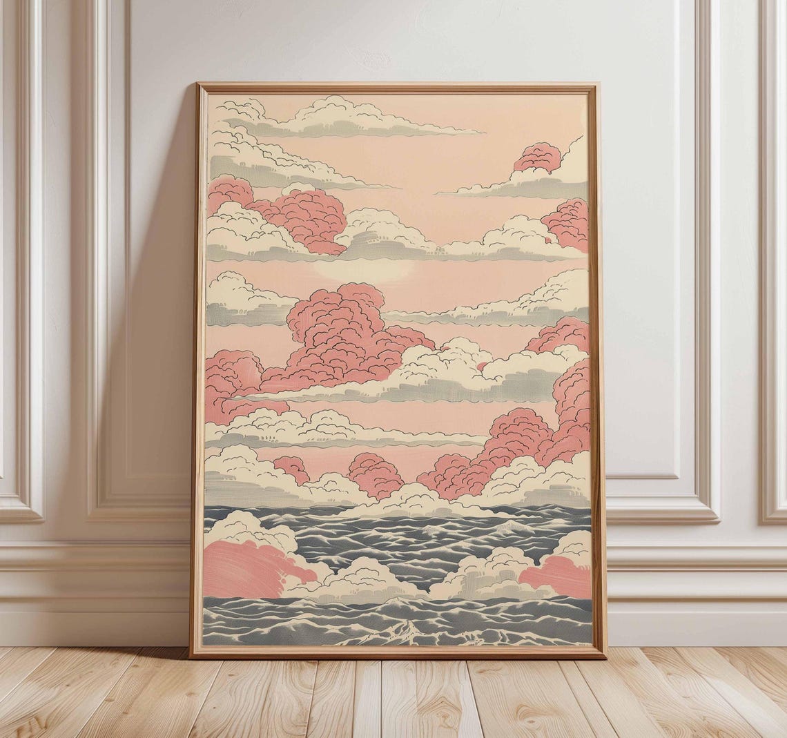 Japanese Ukiyoe Pink Clouds Ocean Waves Minimalist Pastel Art Poster