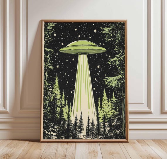 Ufo Poster Art Alien Spaceship In Forest Green Light Beam Print Scifi Artwork Vintage Outer Space Wall Decor