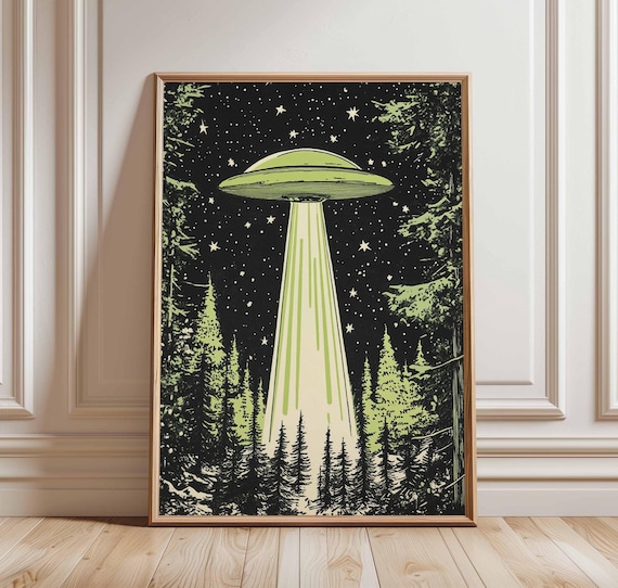 UFO Poster Retro Alien Spaceship Forest Night Sky Sci Fi Wall Decor