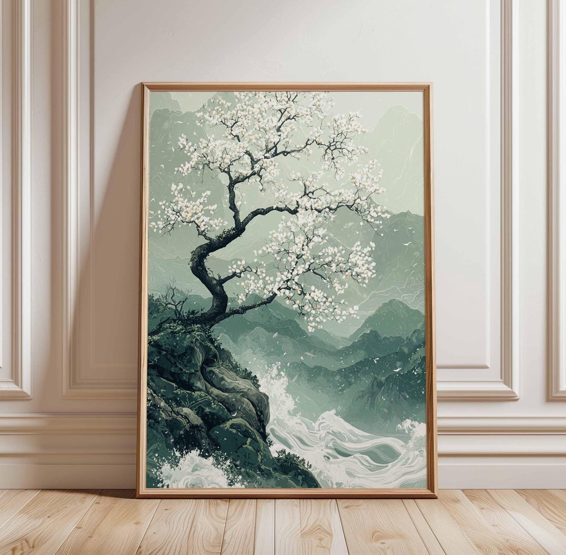 Blossoming White Tree Green Mountain Chinese Style Nature Poster