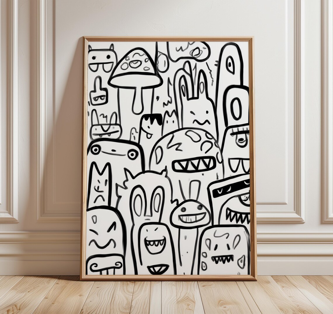 Black And White Doodle Monster Line Art Print