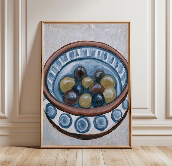 Blue Olive Bowl, Mediterranean Kitchen Art Print