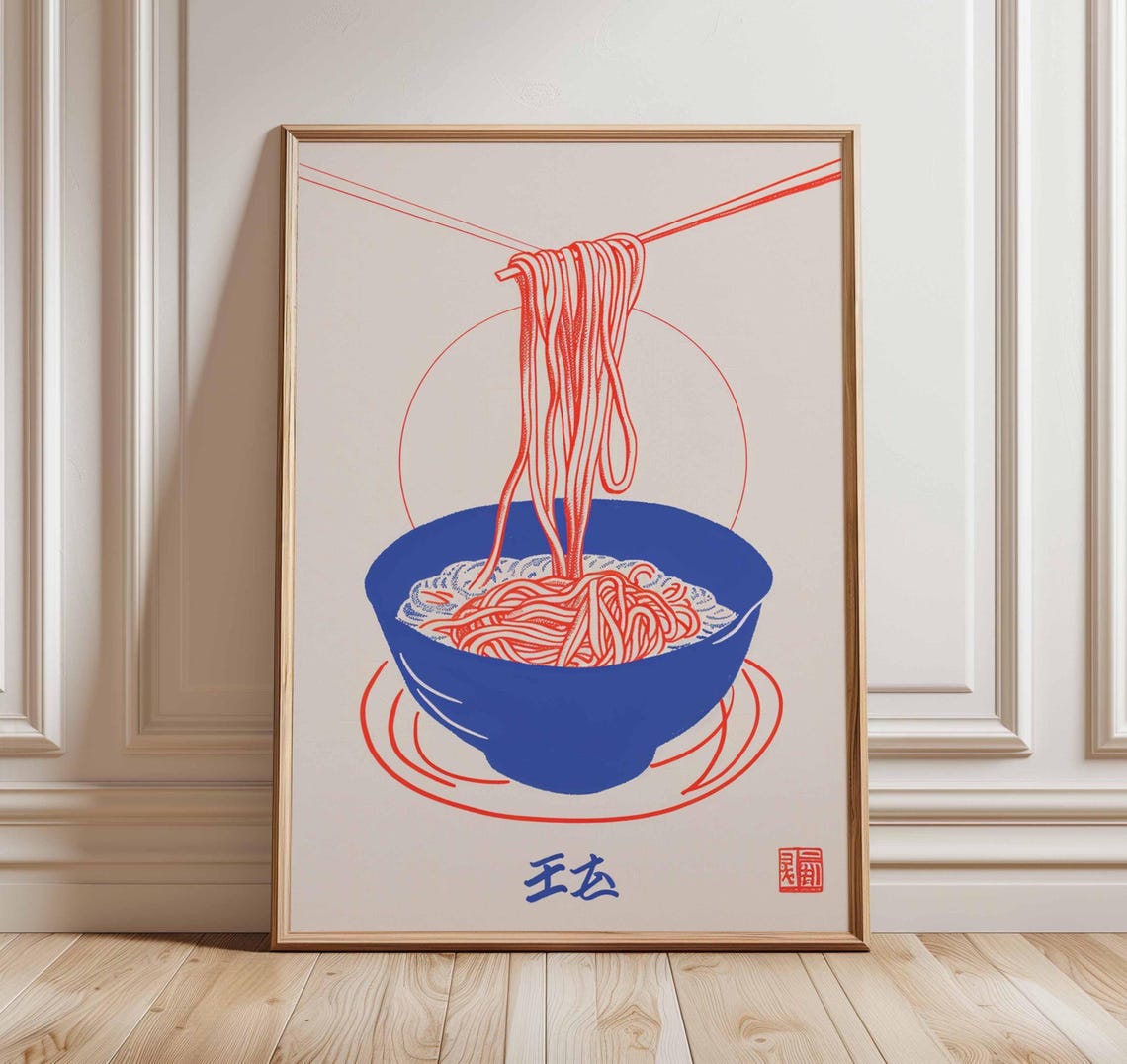 Japanese Ramen Noodle Bowl Chopsticks Red Blue Minimalist Food Poster