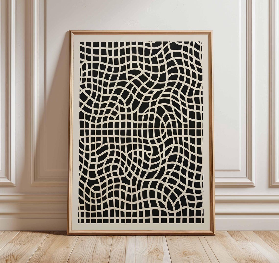 Wavy Optical Illusion Grid Black And White Abstract Modern Art Poster
