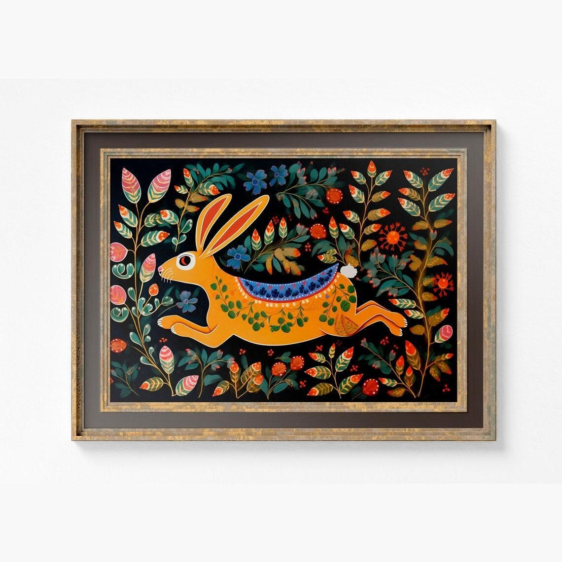 Rabbit Folk Art Poster, Vintage Bunny and Flowers