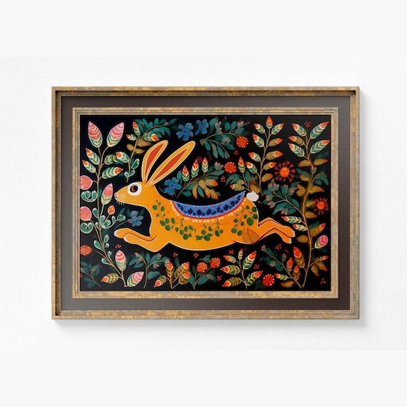 Rabbit Folk Art Poster, Vintage Bunny and Flowers