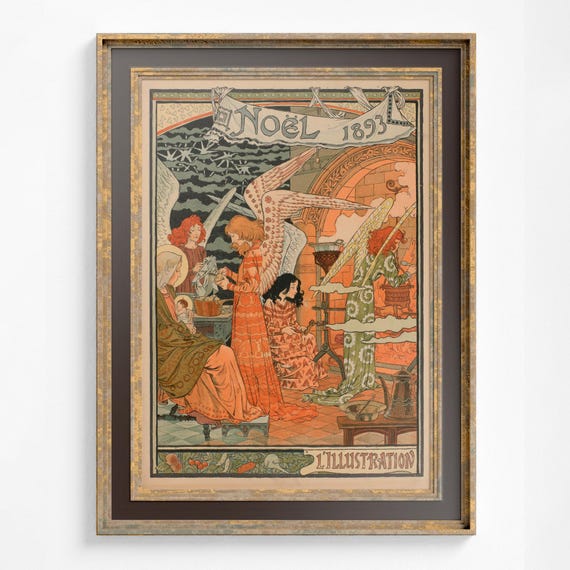 Vintage Christmas Angels Art Nouveau Poster