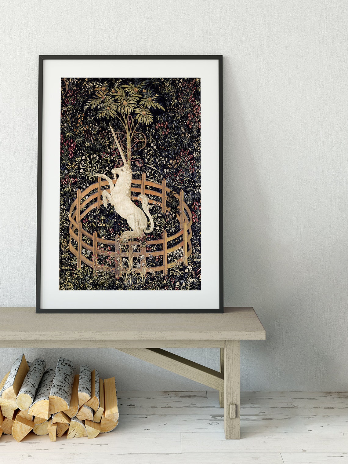 Medieval Unicorn Floral Art Print, Green Background