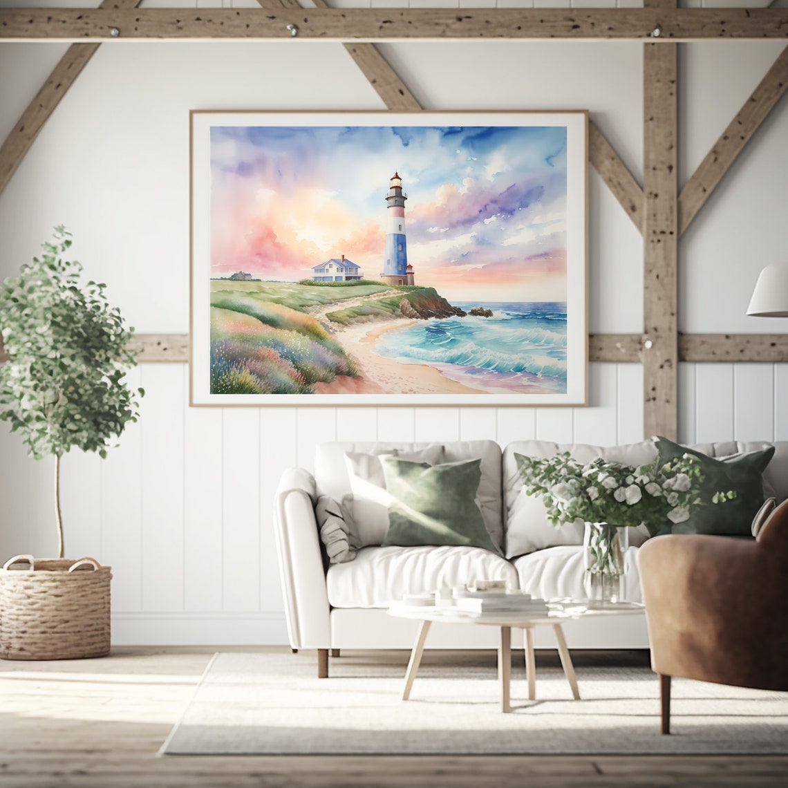 Coastal Lighthouse Cliff Sunset Watercolor Seascape Art Poster - Image 3
