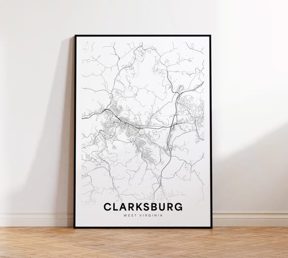 Clarksburg City Map Print Street Poster West Virginia Art Road Minimalist