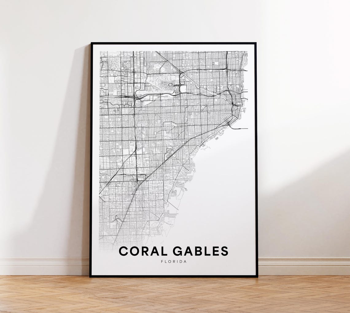 Coral Gables Florida Black and White City Street Map Art Poster