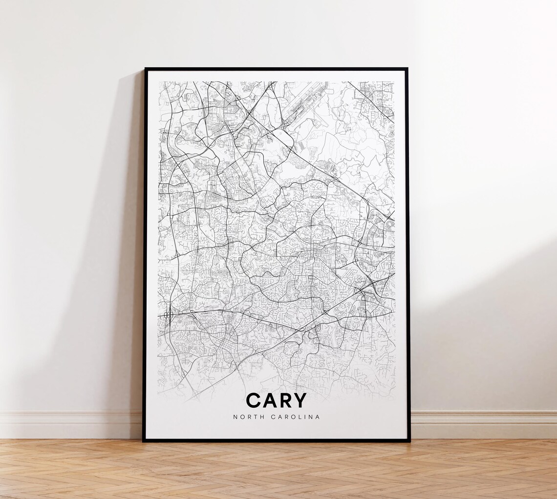 Cary North Carolina Minimalist City Street Map Black Line Poster