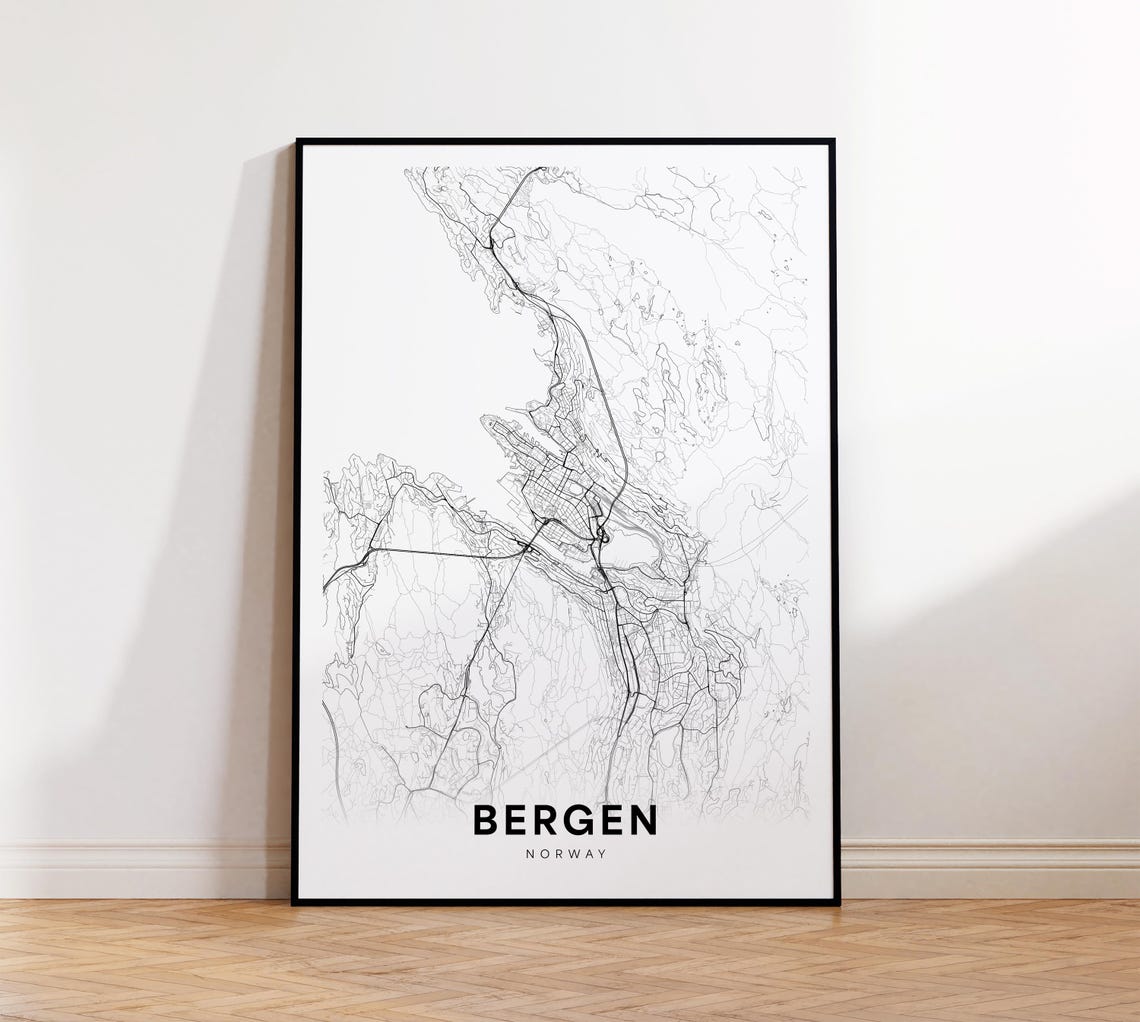 Bergen Map Print City Poster Street Art Modern Wall Decor Gift For Himher Office Home