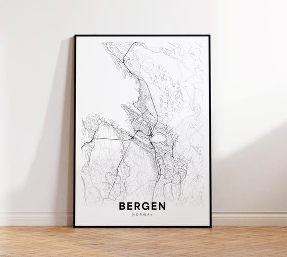 Bergen Map Print City Poster Street Art Modern Wall Decor Gift For Himher Office Home