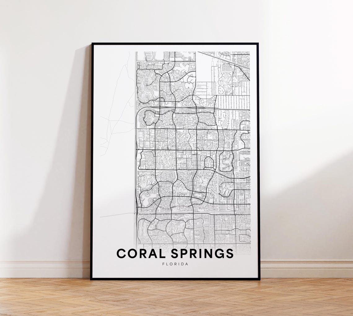 Coral Springs Florida Black and White City Street Map Poster