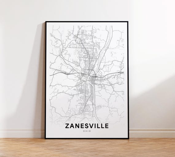 Zanesville City Map Print Street Poster Ohio Art Road Wall Living Room Decor