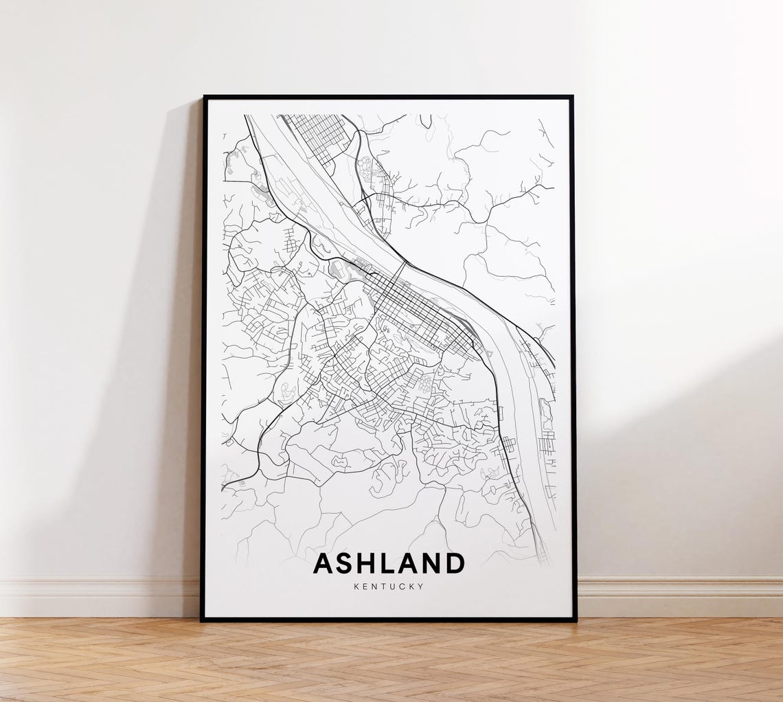 Ashland Kentucky Minimalist Street Map Black and White Wall Art