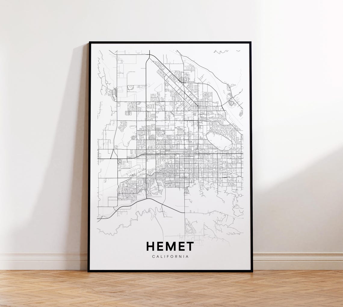 Hemet California City Map Poster Minimalist Black White Decor